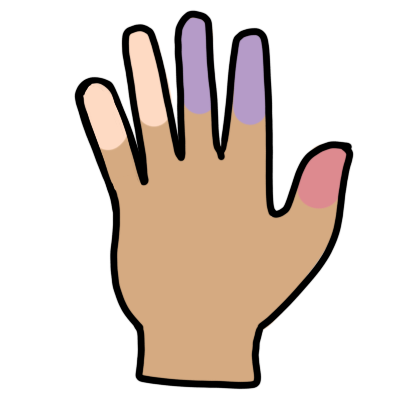 A simple hand. Two fingers are pale, two are a light purplish-blue, and one is reddish-pink. The hand is beige.